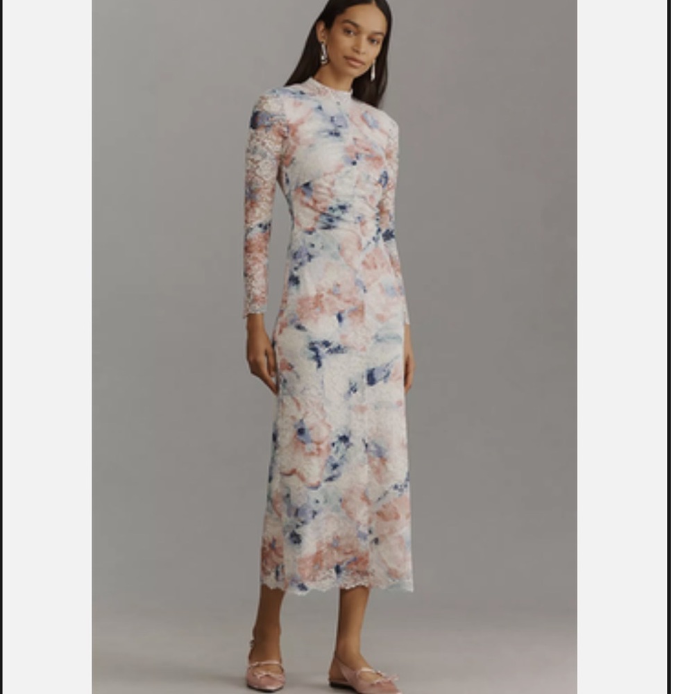 Anthropologie Mock Neck Fitted Floral Lace Midi Dress